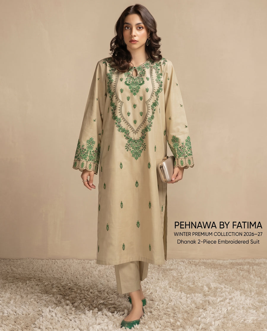Cream Embroidered Dhanak 2-Piece Suit