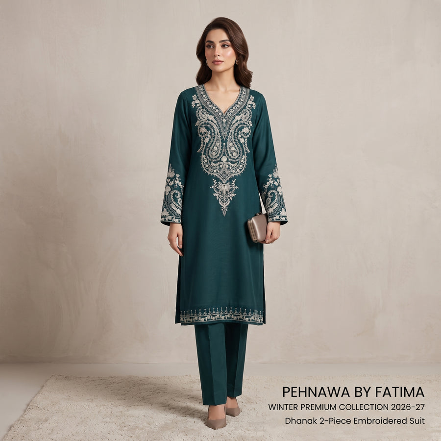 Green Embroidered Dhanak 2-Piece Suit
