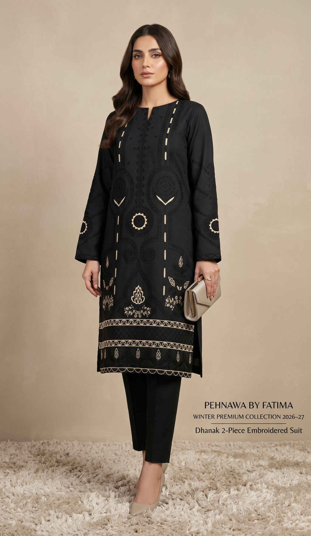Black Front-Embroidered Dhanak 2-Piece Suit
