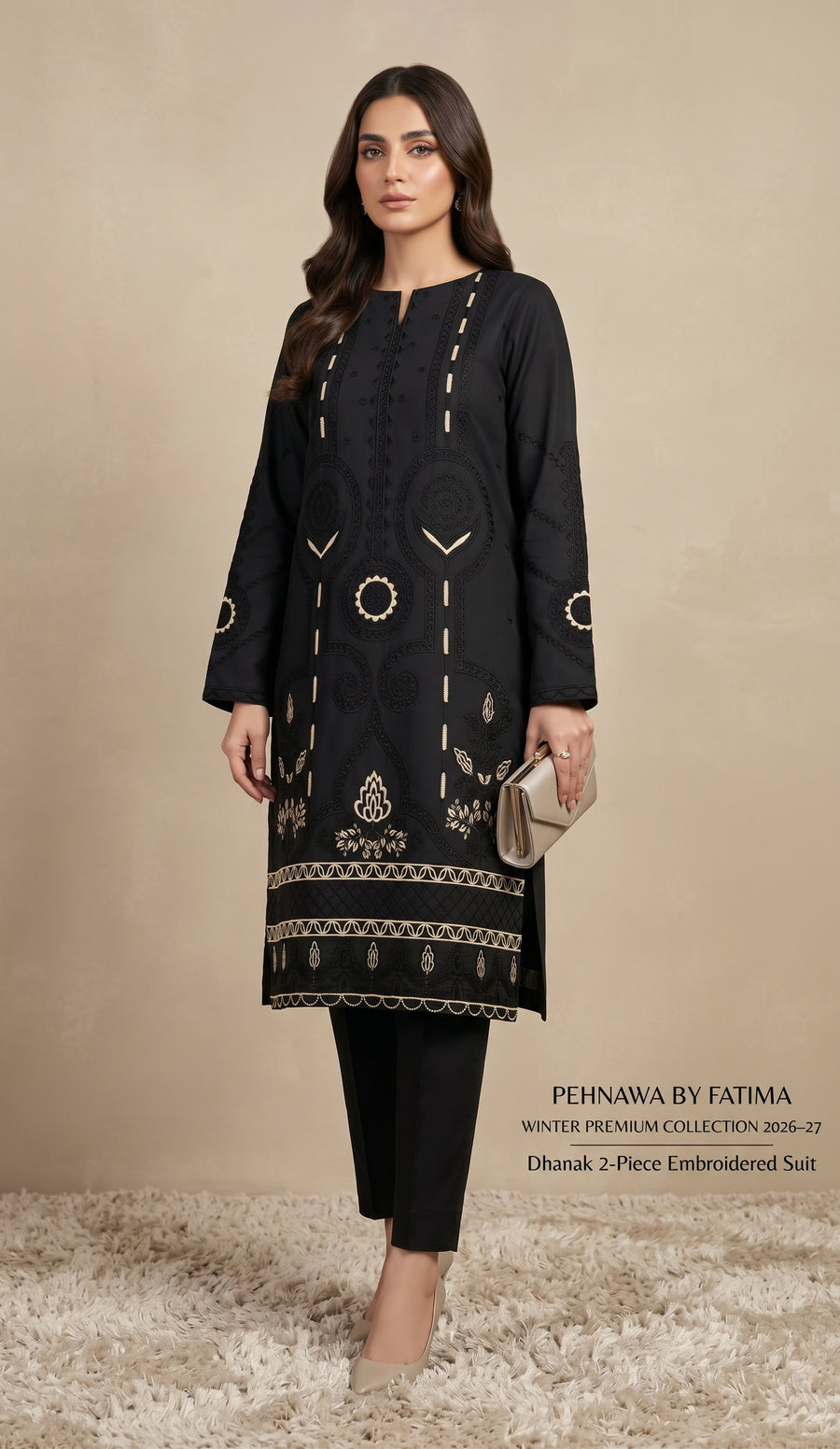 Black Front-Embroidered Dhanak 2-Piece Suit