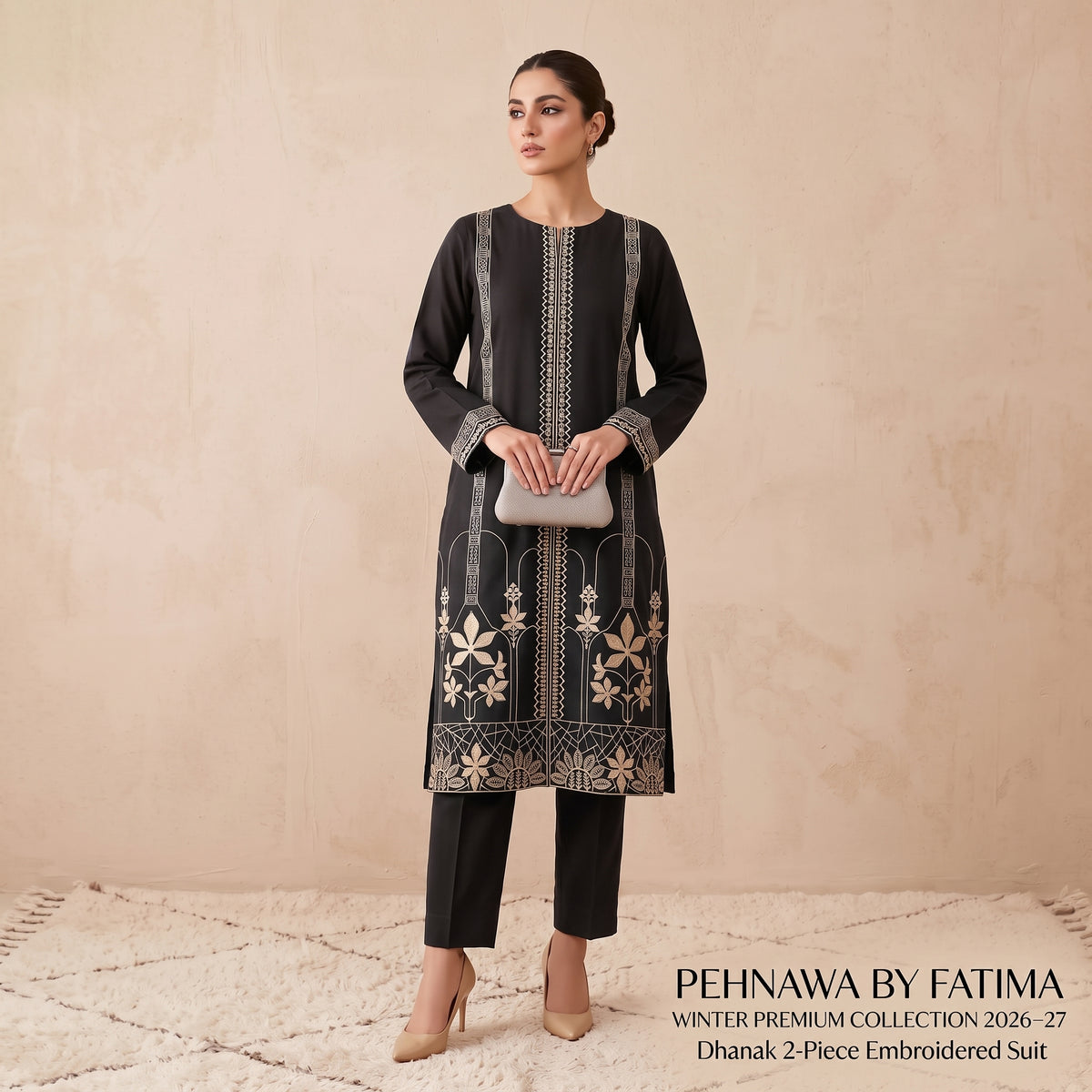 Black Embroidered Dhanak 2-Piece Suit