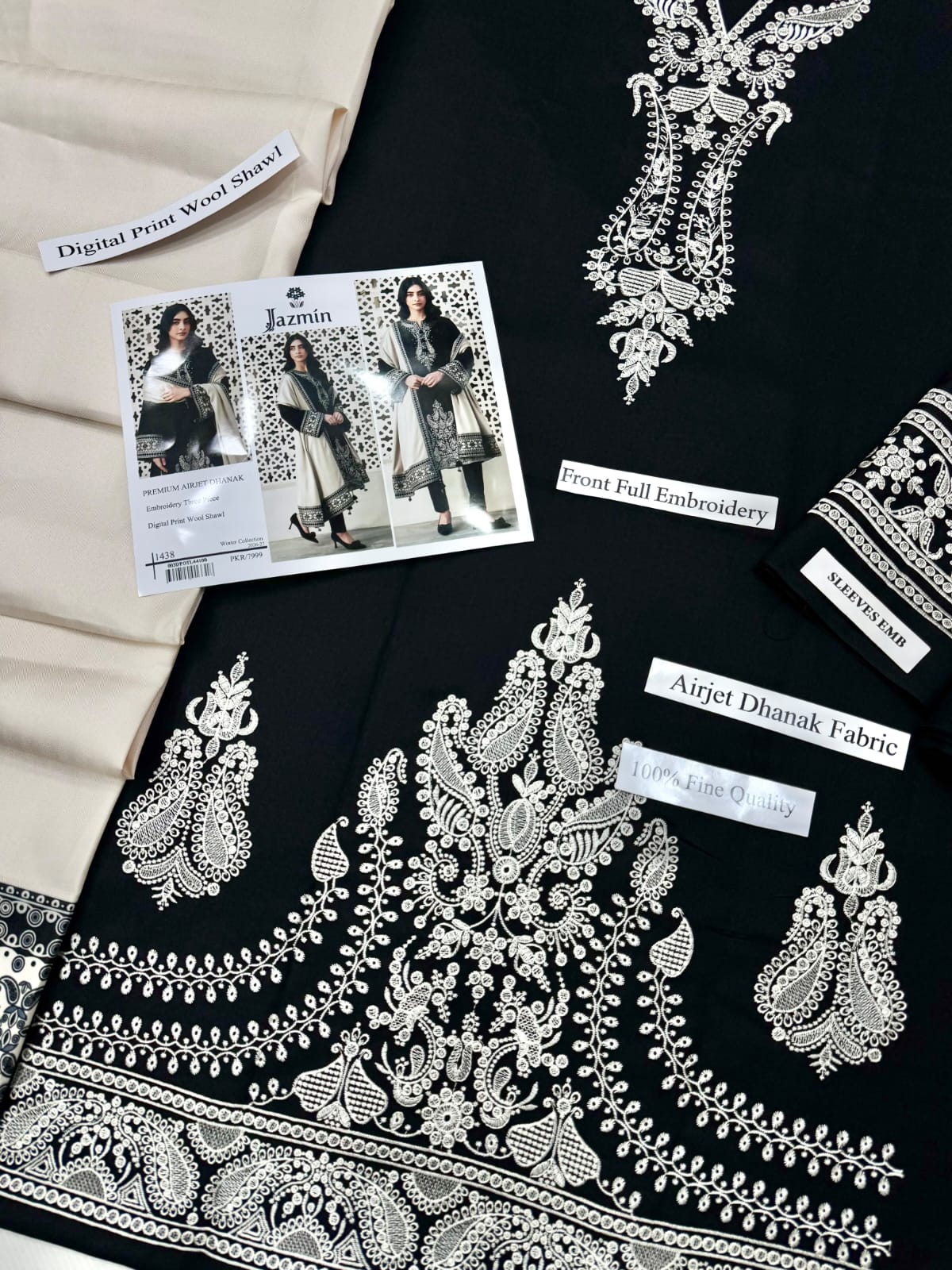 Embroidered Dhanak shawl and winter suit detail - Pehnawa By Fatima
