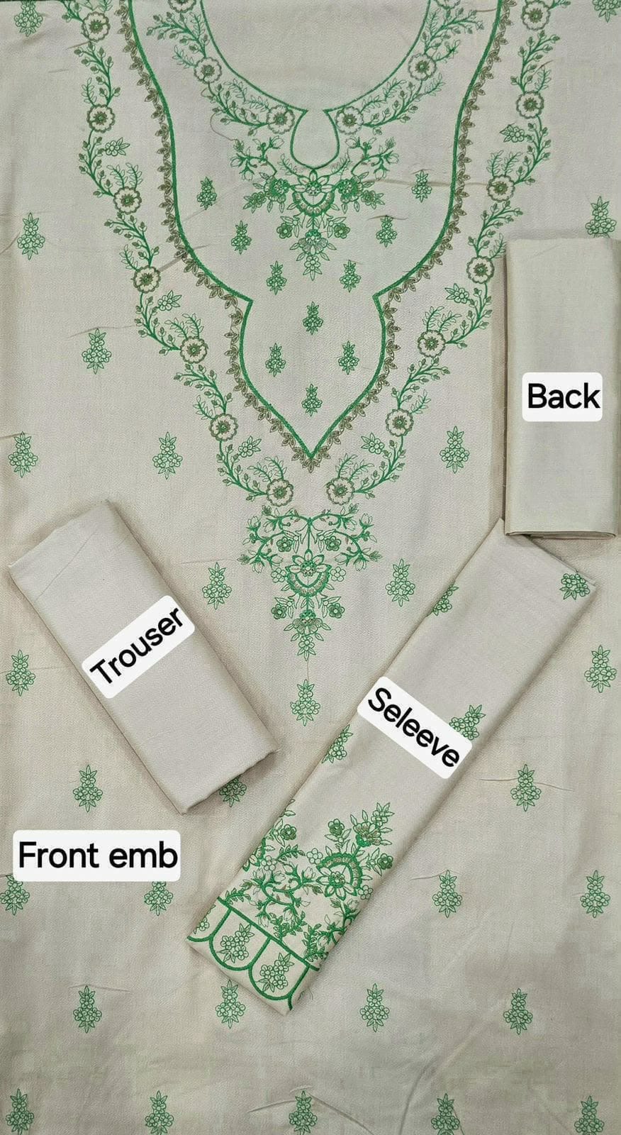 Cream Dhanak embroidered suit fabric and detailing – stitched and unstitched – Pehnawa by Fatima