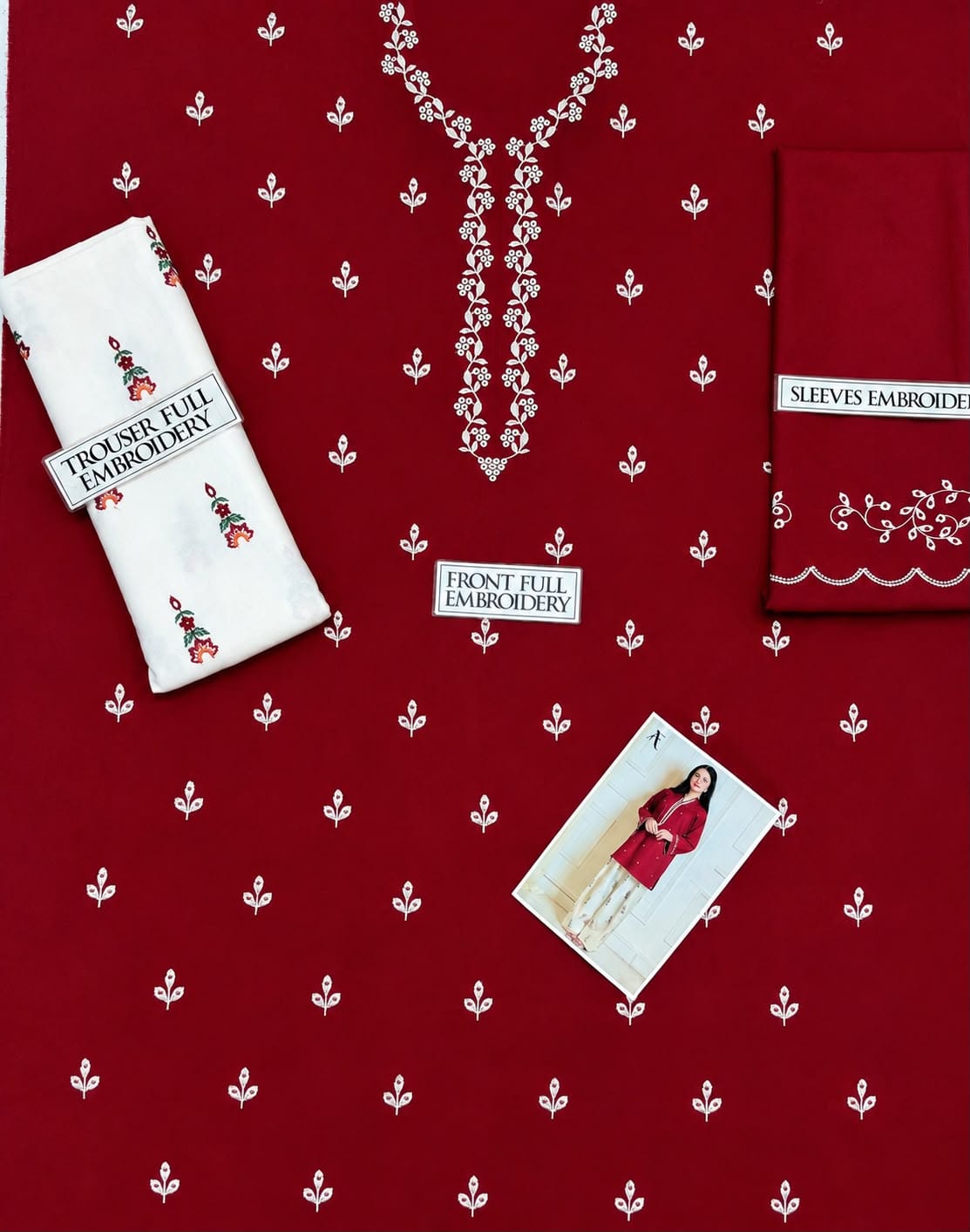 Maroon Embroidered Dhanak 2-Piece Suit – Cream Embroidered Trouser