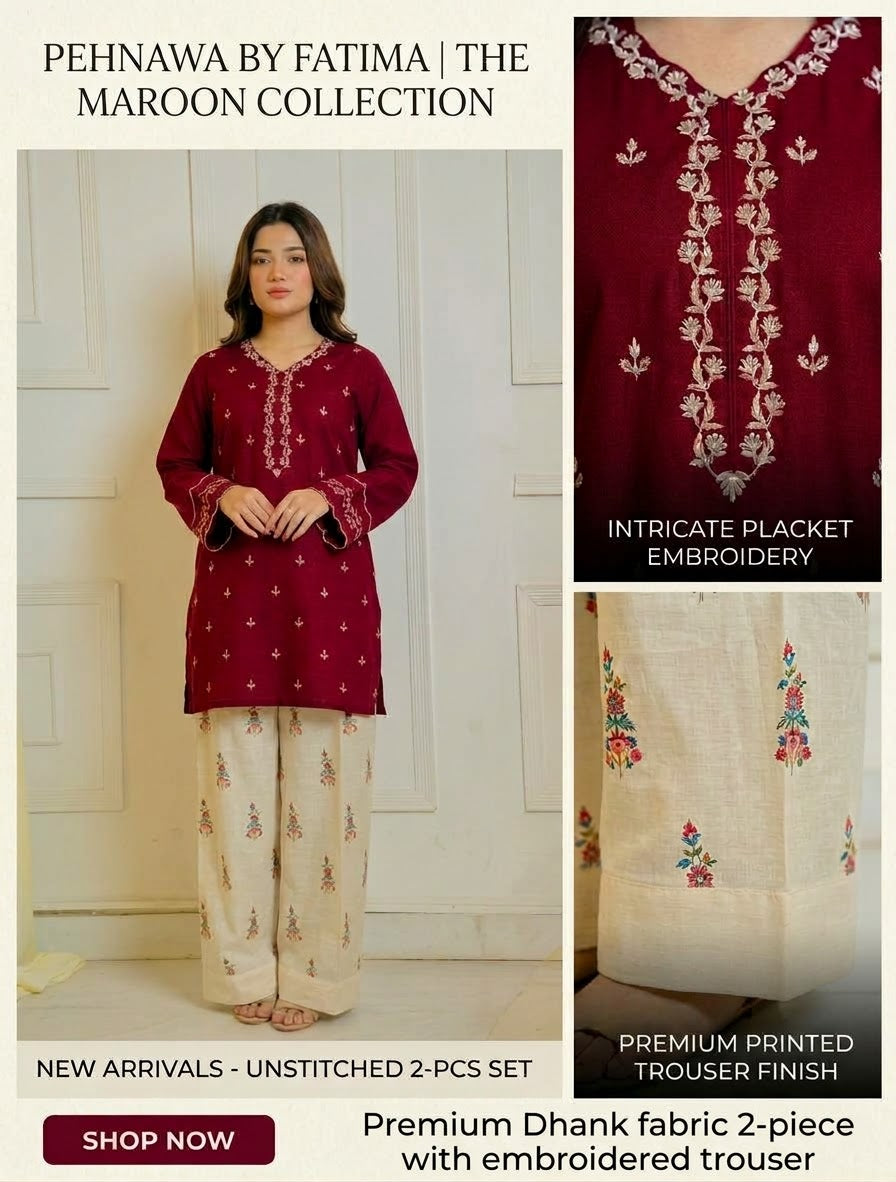 Maroon Embroidered Dhanak 2-Piece Suit – Cream Embroidered Trouser
